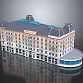 Classical Style Building Featuring Light Colored Facade Blue Roof Multiple Windows And Curved Corner