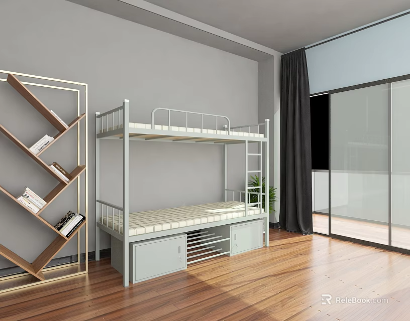 Modern Metal Frame Bunk Bed With Storage Drawers And Wooden Bookshelf 3d model 