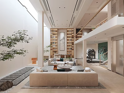 Modern Spacious Basement Living Area With Bright Skylight Sofa Bookshelf And Plants 3d model