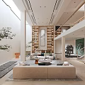 Modern Spacious Basement Living Area With Bright Skylight Sofa Bookshelf And Plants