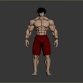 Muscular Shirtless Male Character With Black Hair Red Shorts And Barefoot In Gray Background