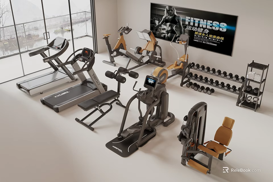 Modern Fitness Equipment Collection With Treadmills Elliptical Trainers Dumbbells And Workout Chairs 3d model 