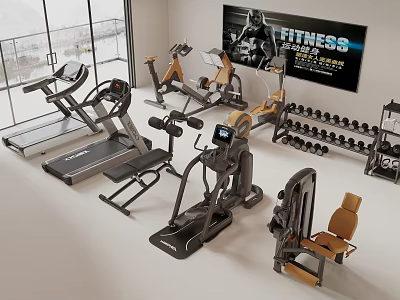Modern Fitness Equipment Collection With Treadmills Elliptical Trainers Dumbbells And Workout Chairs 3d model