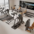 Modern Fitness Equipment Collection With Treadmills Elliptical Trainers Dumbbells And Workout Chairs