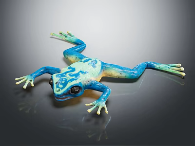 Vibrant Blue and Green Frog with Large Eyes Lying on Shiny Reflective Surface 3d model