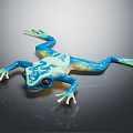 Vibrant Blue and Green Frog with Large Eyes Lying on Shiny Reflective Surface