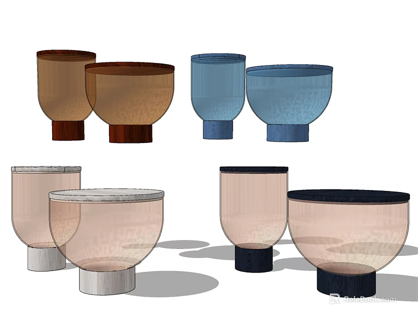 Modern Side Tables With Brown Blue Pink Clear Colors And Wooden Glass Metal Bases 3d model 