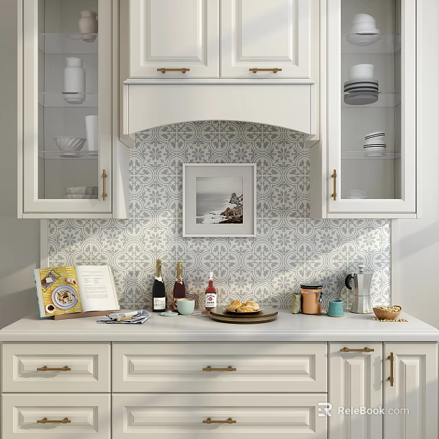 White Kitchen Cabinets With Glass Doors Blue Patterned Tiles Wall Art And Countertop Decor 3d model 