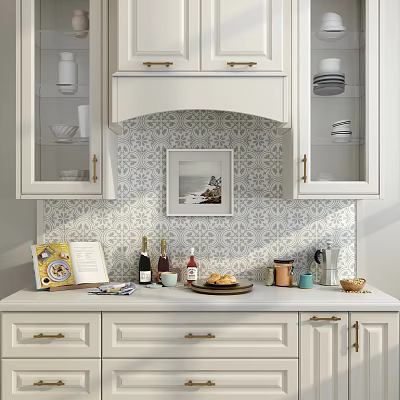 White Kitchen Cabinets With Glass Doors Blue Patterned Tiles Wall Art And Countertop Decor 3d model