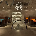 Cave Style Cafe Interior With Stone Walls Illuminated Lighting And Wooden Menu Boards