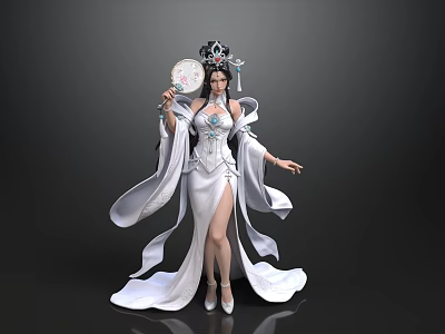 A woman in white traditional dress with elaborate headdress holding round fan and flowing skirt 3d model