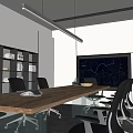Modern Conference Room Interior With Long Table Black Chairs Hanging Lights And Plant