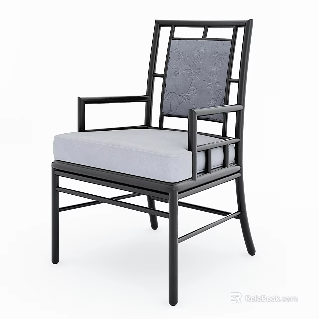Modern Armchair With Black Metal Frame Gray Cushion And Patterned Backrest 3d model