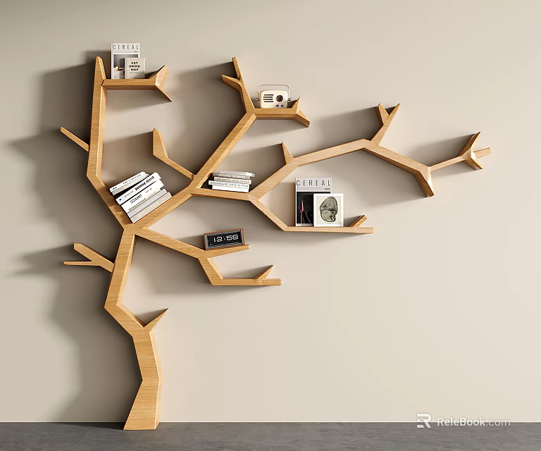 Tree Shaped Wooden Bookshelf With Multiple Branches Holding Books And Decorative Items 3d model 