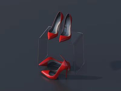 Red High Heels on Transparent Display Stand with Standing and Tilted Positions 3d model