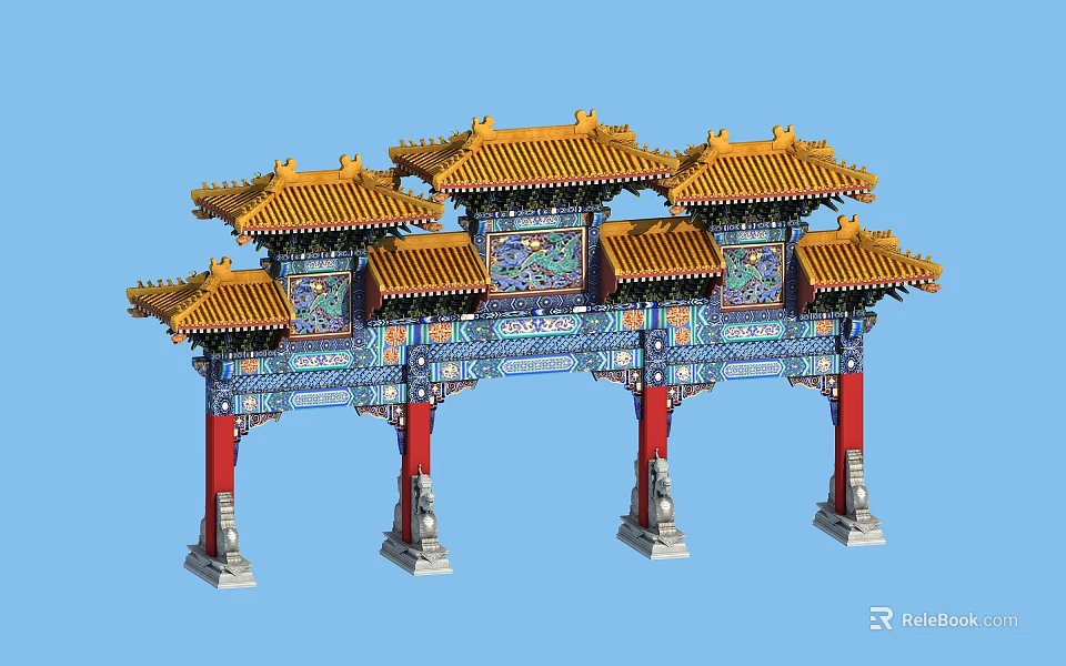 Ancient Chinese Architectural Archway Featuring Yellow Tiled Roofs Red Pillars and Colorful Decorations 3d model 