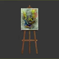 Wooden Easel Displaying Abstract Painting With Colorful Blend And Vibrant Texture