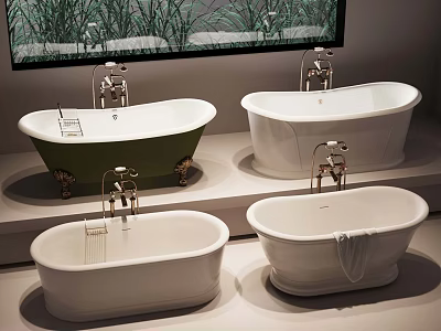Bathtubs Display With Various Colors Different Designs And Green Plant Background 3d model