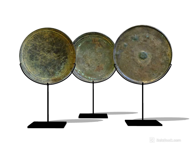 Three Circular Vintage Bronze Plates Decorative Ornament Set on Black Stands 3d model 