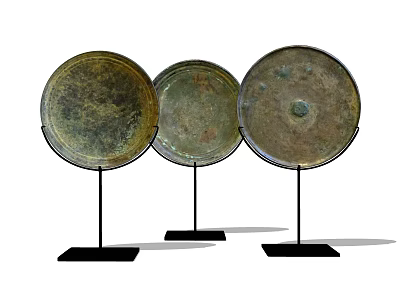 Three Circular Vintage Bronze Plates Decorative Ornament Set on Black Stands 3d model