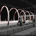 Tobacco and Liquor Store Interior With Arched Structures Colorful Lighting and Customers