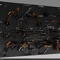 Futuristic Weapons Display Board With Firearms Bows And Orange Black Components