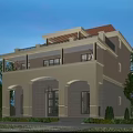 Elegant Detached Villa Two Story with Lush Greenery Lawn Water Pond Stone Pathway and Lighting