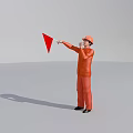 Construction Worker In Orange Uniform With Safety Helmet Directing Red Triangular Flag