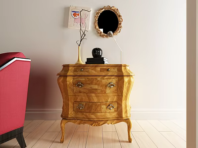 Vintage Wooden Entryway Console Table With Drawers Golden Handles Mirror And Red Chair Decor 3d model
