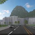 Modern School Buildings Surrounded By Green Trees Mountain Road With Cars Under Blue Sky
