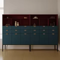 Modern Entryway Console Cabinet With Red Dark Open Compartments Blue Drawers And Metal Handles
