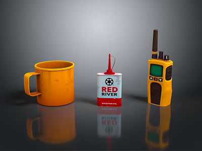 Red River Weapon Gear Display With Orange Mug And Yellow Walkie Talkie 3d model