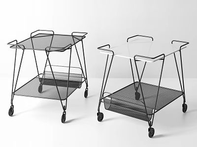 Modern Black Mobile Side Tables with Wire Mesh Shelves and Wheels 3d model