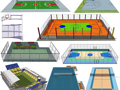 Sports Fitness Venues Design With Colorful Basketball Courts Football Fields Tennis Courts And Stands 3d model