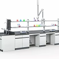Modern Laboratory Setup With Black Lab Bench Colorful Reagent Bottles And Shelves