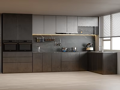 Modern Dark Kitchen Interior With Sleek Cabinets Appliances Window And Countertop 3d model