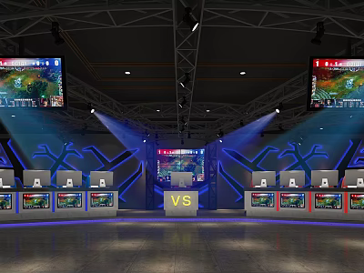 Esports Style Internet Cafe With Multiple Computers Large Screens VS Sign And Blue Lighting 3d model