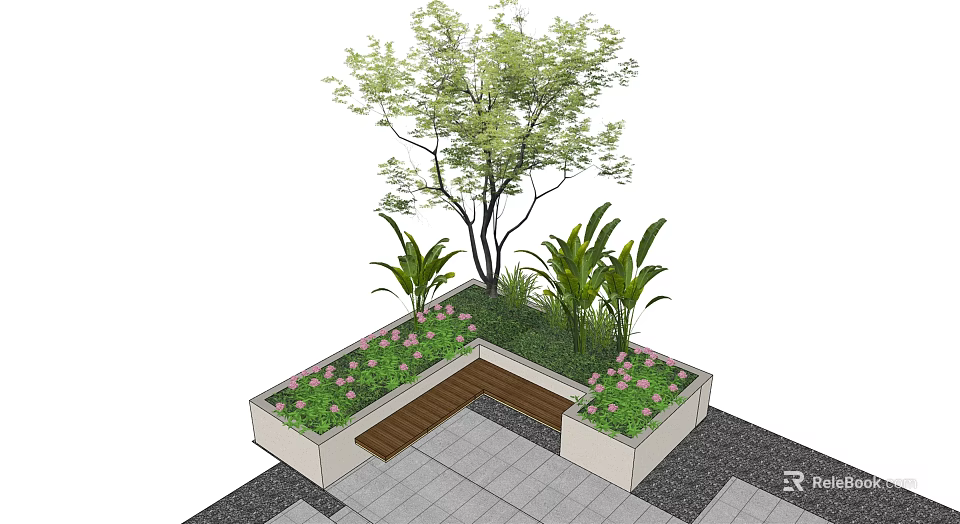 Square Tree Planter Design Featuring Large Tree Green Plants Pink Flowers And Wooden Bench 3d model 