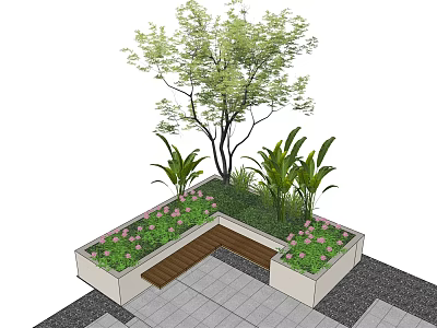 Square Tree Planter Design Featuring Large Tree Green Plants Pink Flowers And Wooden Bench 3d model