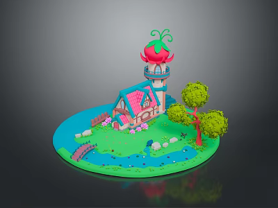 Scenic Landscape With Pink Roof House Strawberry Tower Green Grass Stream Bridge Trees And Flowers 3d model