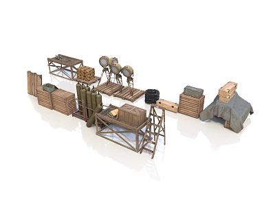 Military Supply Setup With Wooden Crates Oil Drums Tent And Stacked Wooden Planks 3d model
