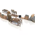 Military Supply Setup With Wooden Crates Oil Drums Tent And Stacked Wooden Planks