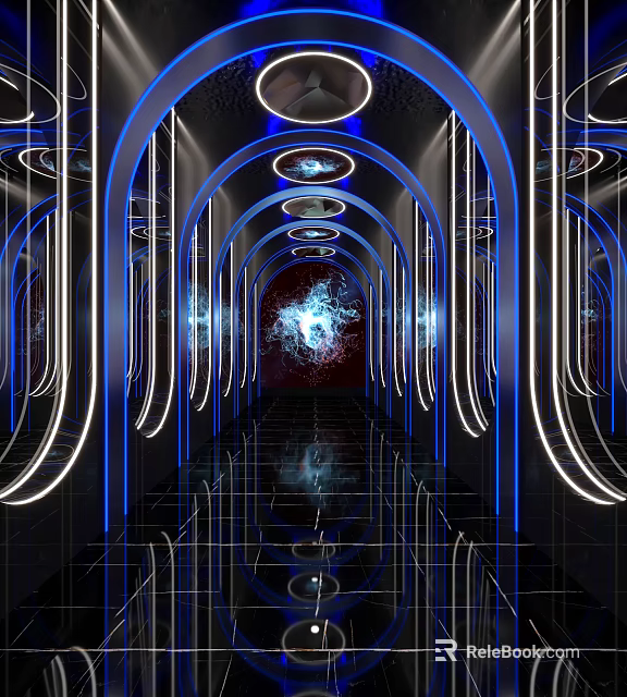 Futuristic KTV Corridor With Blue White Neon Lighting Arched Structures Reflective Flooring And Nebula Effect 3d model 