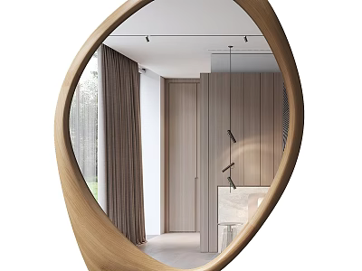 Oval Wooden Frame Mirror Reflecting Modern Interior With Curtains Cabinets and Pendant Lights 3d model