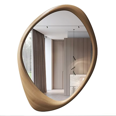 Oval Wooden Frame Mirror Reflecting Modern Interior With Curtains Cabinets and Pendant Lights 3d model