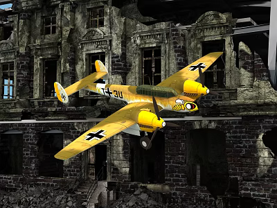 Vintage Yellow Fighter Jet With Black Cross Markings Flying Over Ruined Buildings 3d model