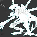 White Skeleton Like Game Movie Character With Multiple Limbs Sharp Claws And Orange Core