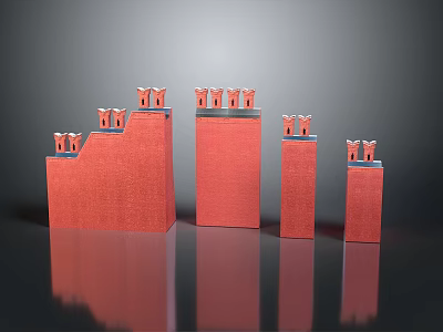 Red Castle Tower Structures With Various Heights And Reflective Decorative Surfaces 3d model