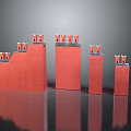 Red Castle Tower Structures With Various Heights And Reflective Decorative Surfaces