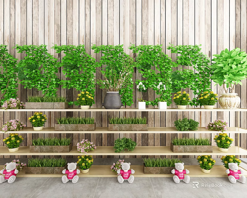 Bonsai Potted Plants Displayed On Wooden Shelves With Yellow Flowers Pink Teddy Bears And Greenery 3d model 